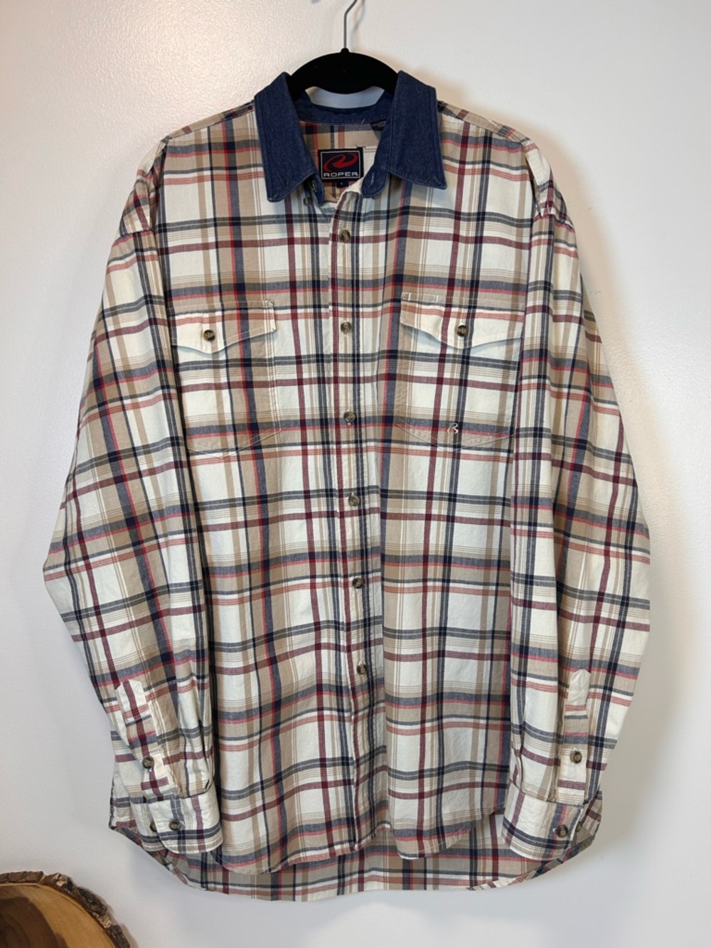 Roper Plaid Button-Down Shirt with Denim Collar - Cream, Navy & Red Men’s Large